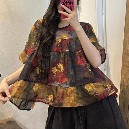 Navy Blue Print Patchwork Linen Top Summer