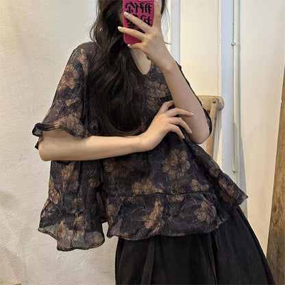Navy Blue Print Patchwork Linen Top Summer