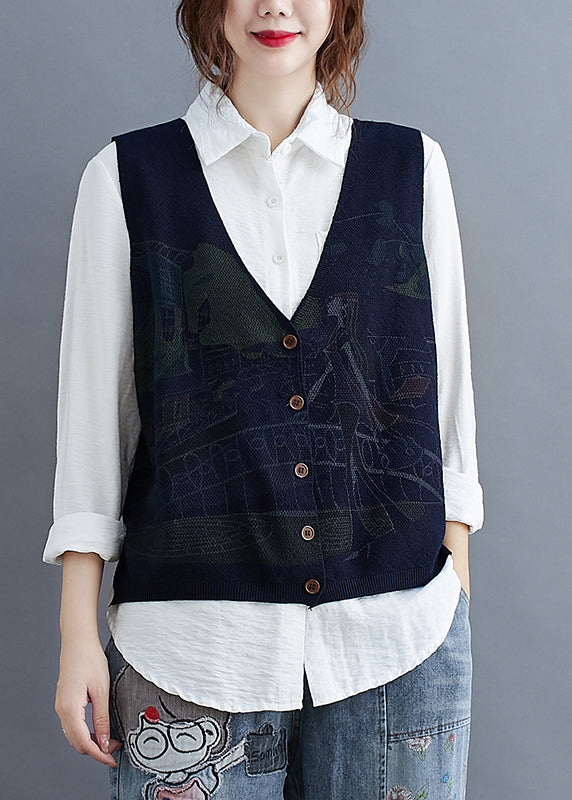 Navy Blue V Neck Print Side Open Knit Waistcoat Sleeveless