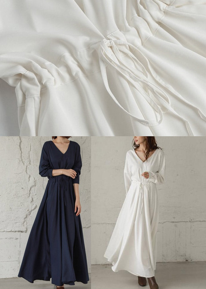 Navy Cinched V Neck Cinched Cotton Maxi Dresses Fall