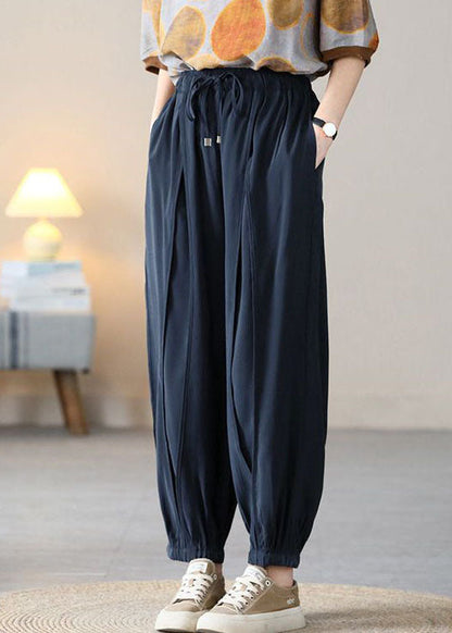 Navy Elastic Waist Drawstring Pockets Silk Harem Pants Fall