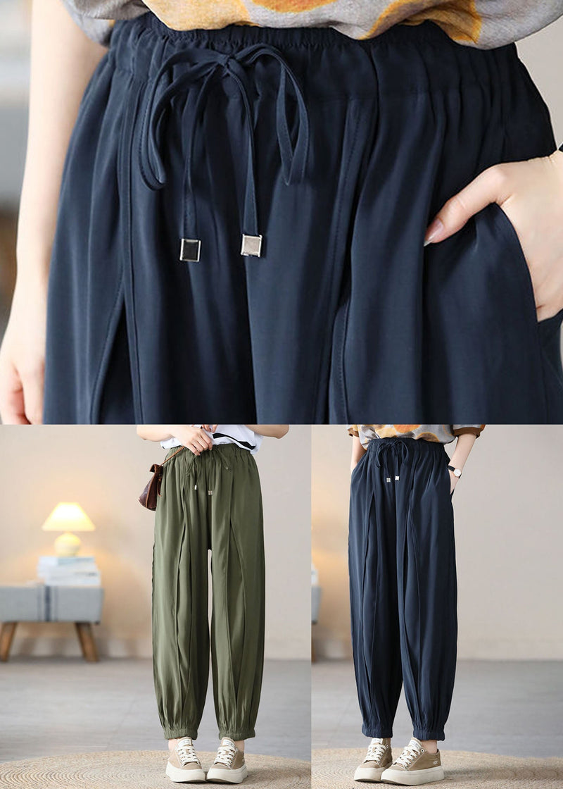Navy Elastic Waist Drawstring Pockets Silk Harem Pants Fall