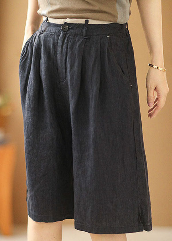 Navy Elastic Waist Pockets Linen Straight Pants Shorts Summer