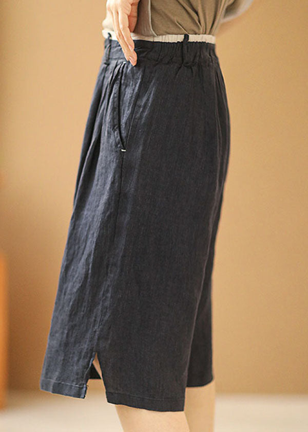 Navy Elastic Waist Pockets Linen Straight Pants Shorts Summer