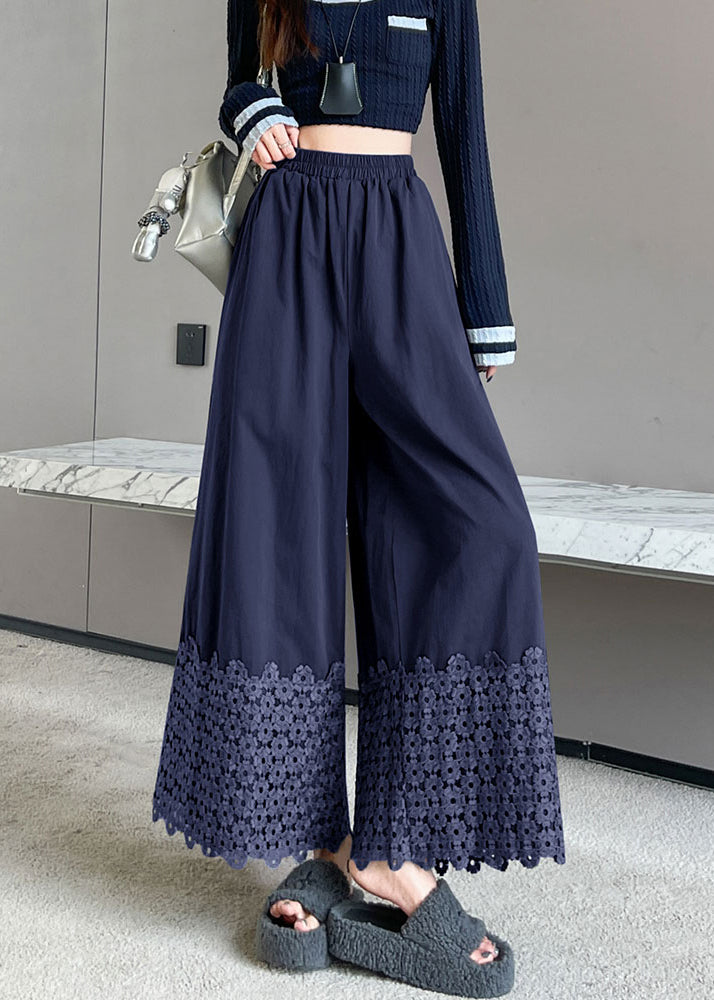 Navy Embroidered Cotton Crop Pants Spring