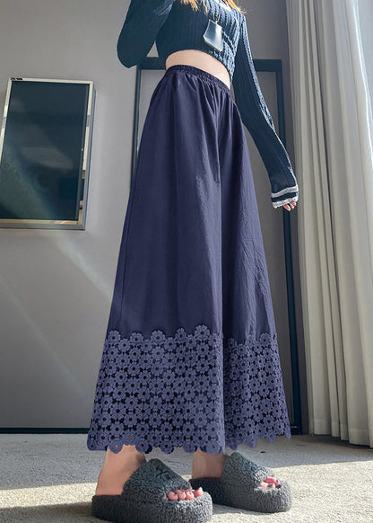 Navy Embroidered Cotton Crop Pants Spring
