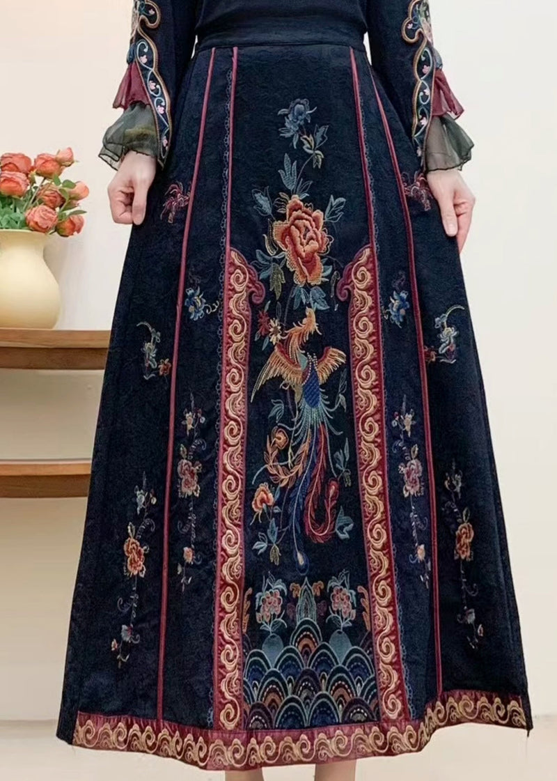 Navy Embroidered High Waist Cotton Skirt Fall