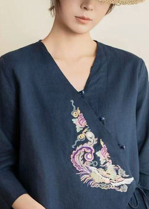 Navy Embroidered Tie Waist Linen Shirts Spring