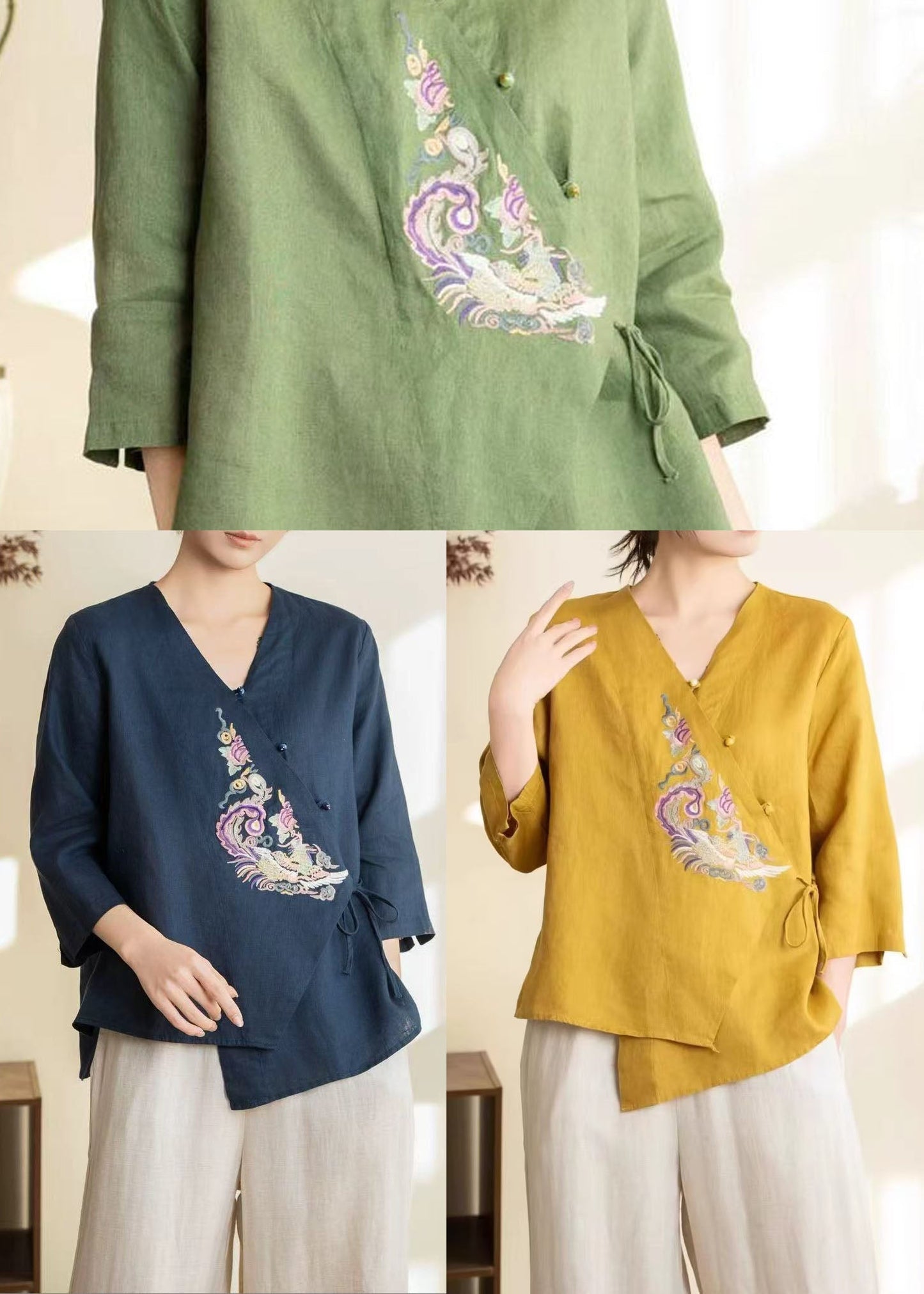 Navy Embroidered Tie Waist Linen Shirts Spring