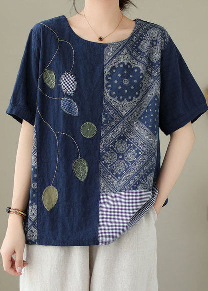 Navy Embroideried Print Patchwork Cotton T Shirt Tops Summer