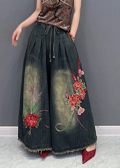 Navy Embroideried Tie Waist Elastic Waist Pockets Wide Leg Pants Summer