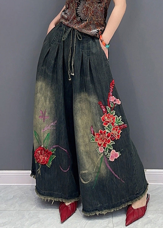 Navy Embroideried Tie Waist Elastic Waist Pockets Wide Leg Pants Summer