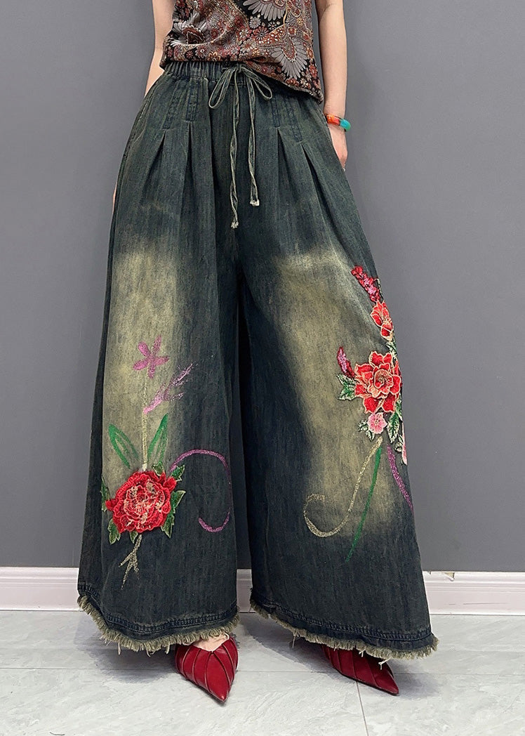 Navy Embroideried Tie Waist Elastic Waist Pockets Wide Leg Pants Summer