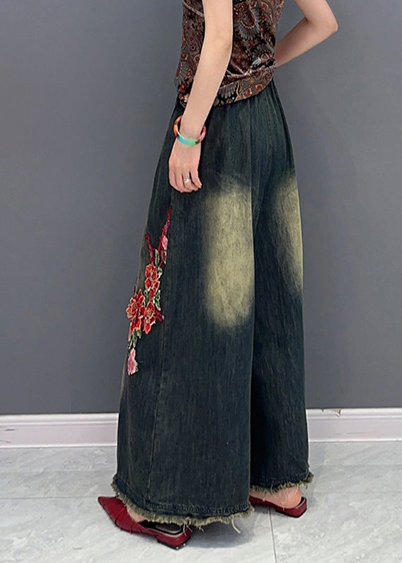Navy Embroideried Tie Waist Elastic Waist Pockets Wide Leg Pants Summer