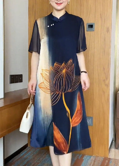Navy Mandarin Collar Print Silk Holiday Dress Cloak Sleeves