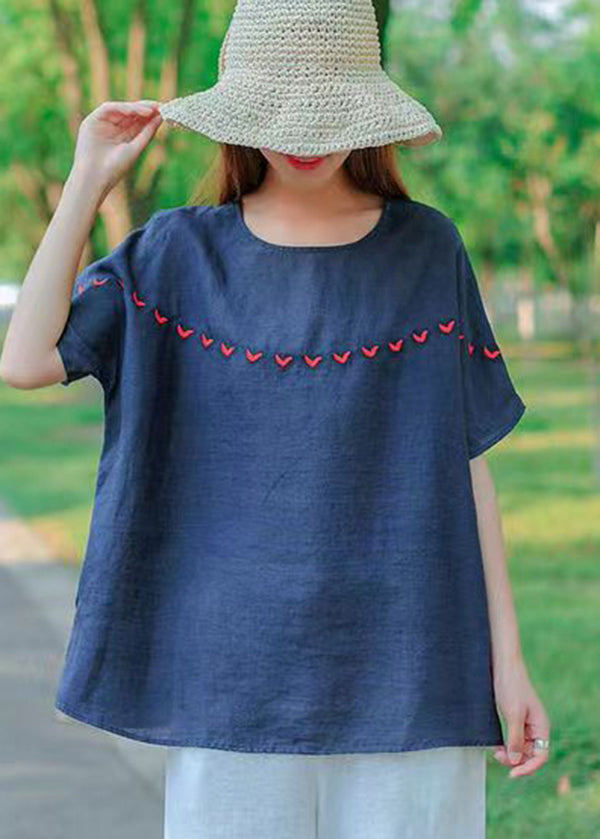 Navy O-neck Embroideried Cotton Tank Tops Short Sleeve
