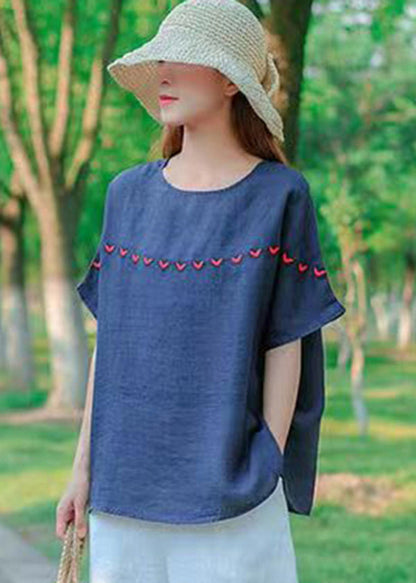 Navy O-neck Embroideried Cotton Tank Tops Short Sleeve