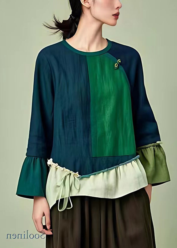Navy O Neck Lace Up Patchwork Cotton T Shirts Long Sleeve