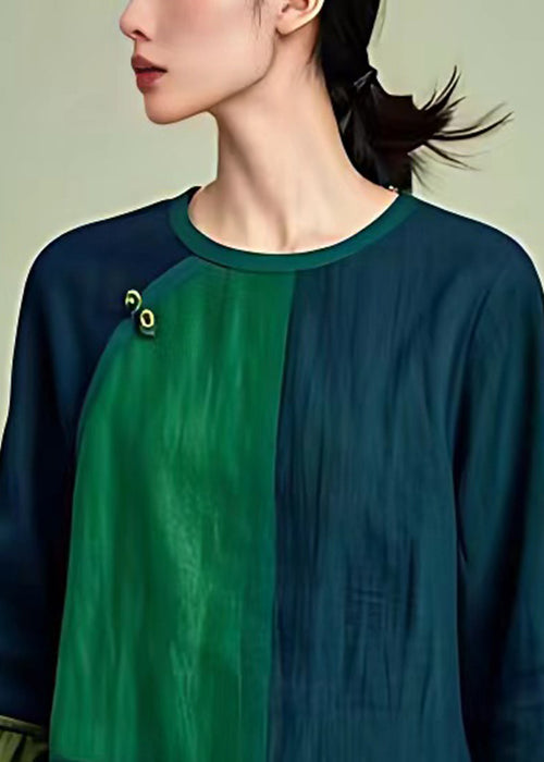 Navy O Neck Lace Up Patchwork Cotton T Shirts Long Sleeve
