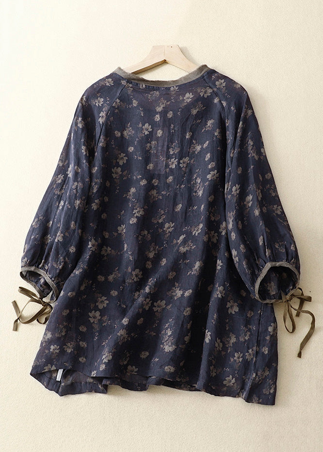Navy O Neck Lace Up Print Linen Tops Bracelet Sleeve