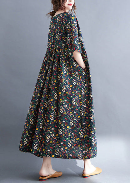 Navy O-neck Patchwork Cotton Party Maxi Dress Summer