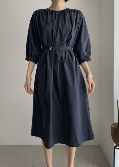 Navy O-neck Tie Waist Cotton Mid Dress Half Sleeve Long Dress