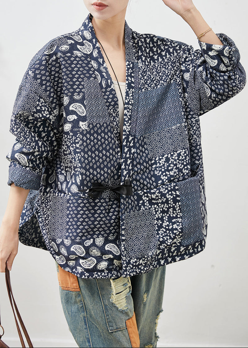 Navy Oversized Print Linen Coat Spring