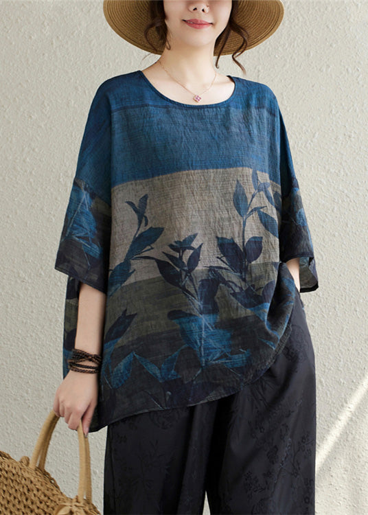 Navy Oversized Print Linen Tanks Summer