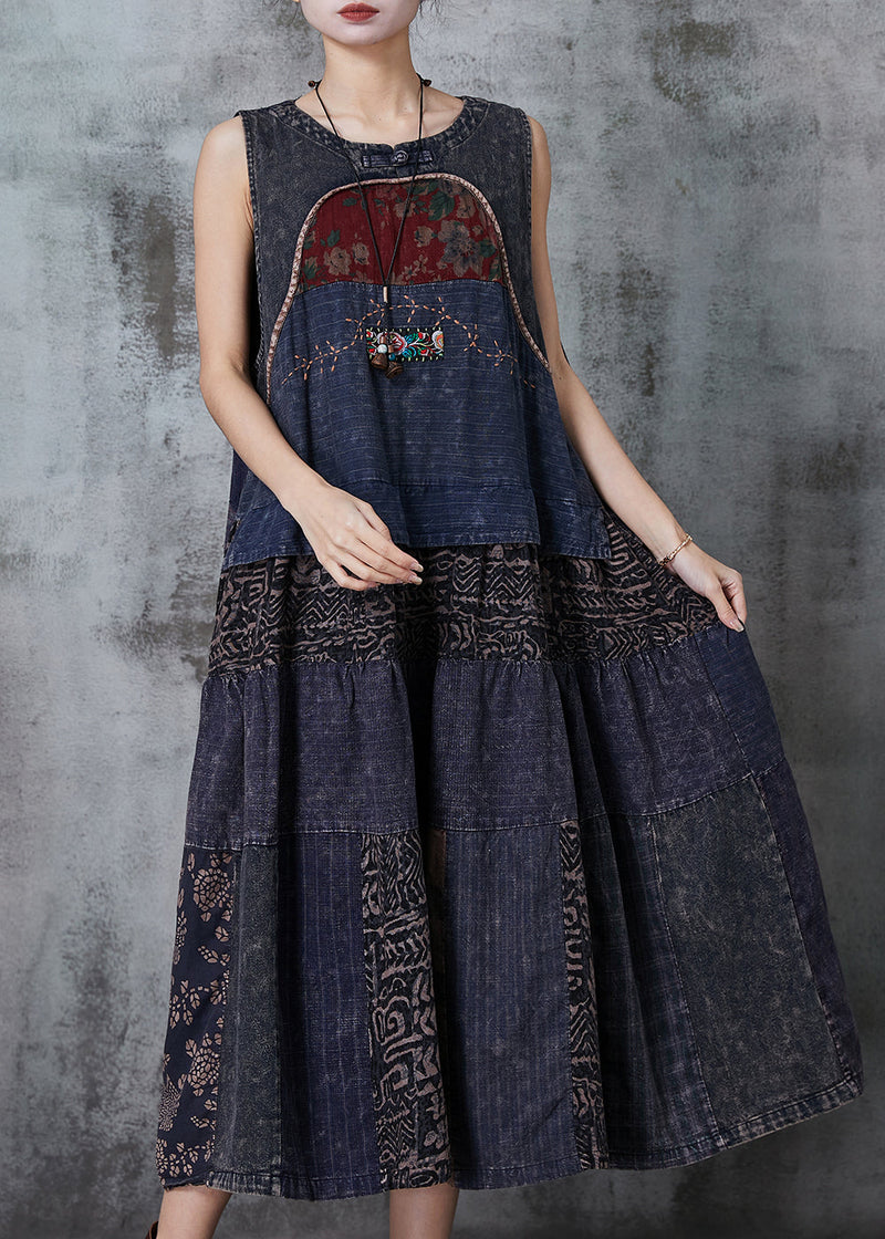 Navy Patchwork Denim National Style Dresses Spring