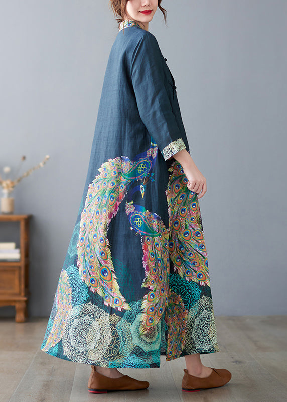Navy Peacock Print Side Open Linen Long Dress Bracelet Sleeve
