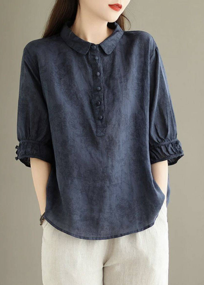 Navy Peter Pan Collar Print Cotton Shirt Top Summer