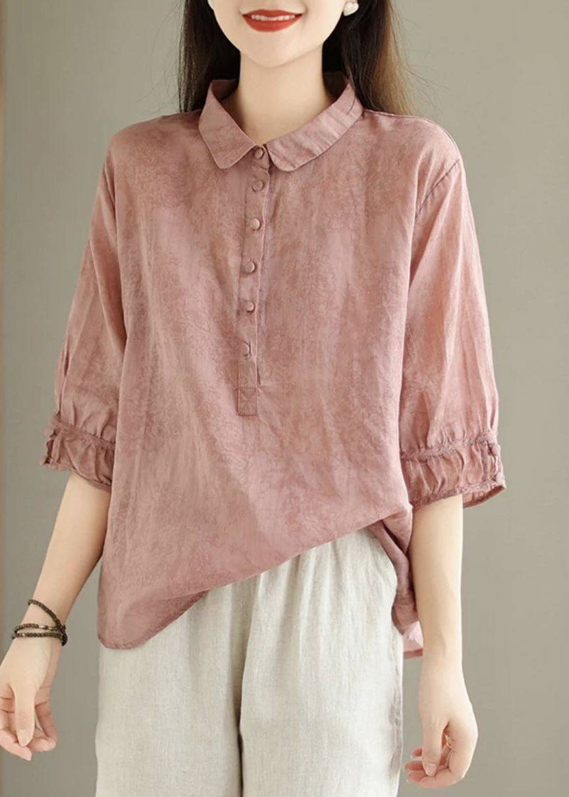 Navy Peter Pan Collar Print Cotton Shirt Top Summer