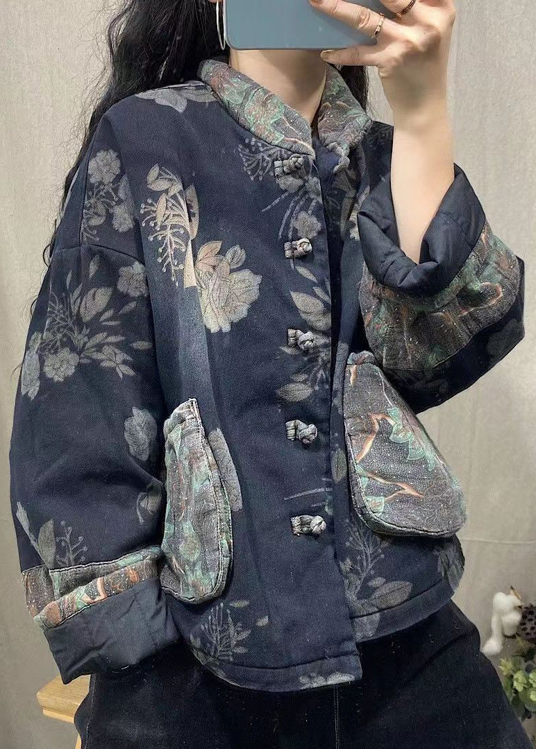 Navy Pockets Print Fine Cotton Filled Denim Jacket Spring