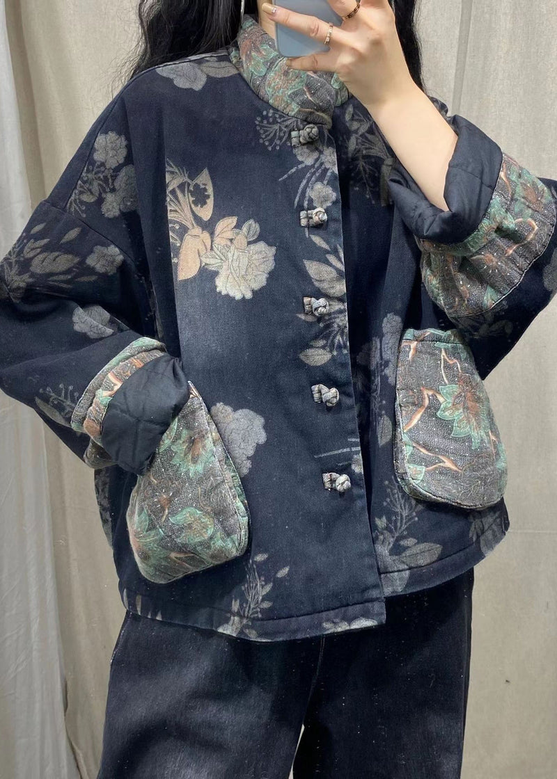 Navy Pockets Print Fine Cotton Filled Denim Jacket Spring