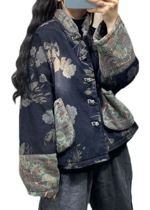 Navy Pockets Print Fine Cotton Filled Denim Jacket Spring
