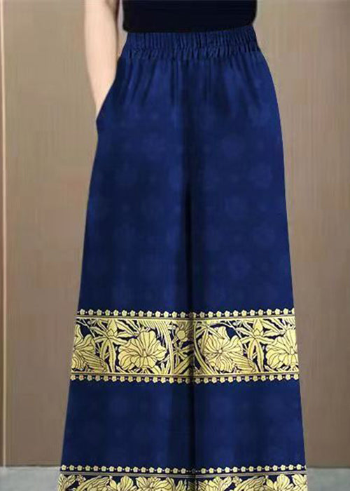 Navy Print Elastic Waist Cotton Wide Leg Pants