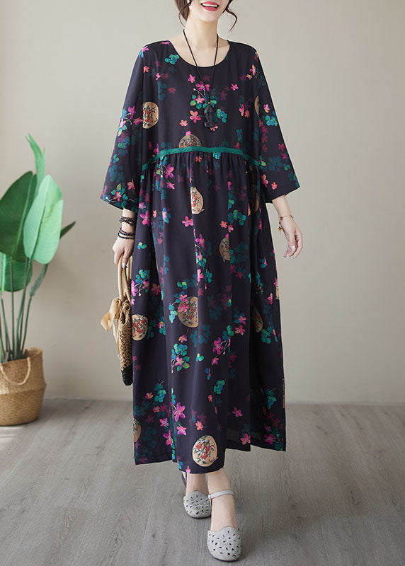 Navy Print Maxi Dresses Long Sleeve