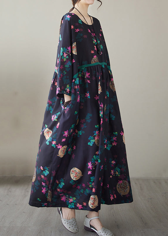 Navy Print Maxi Dresses Long Sleeve