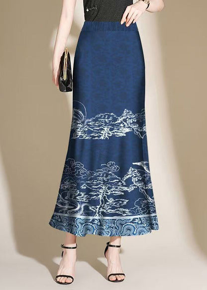 Navy Print Side Open Cotton Skirt Summer