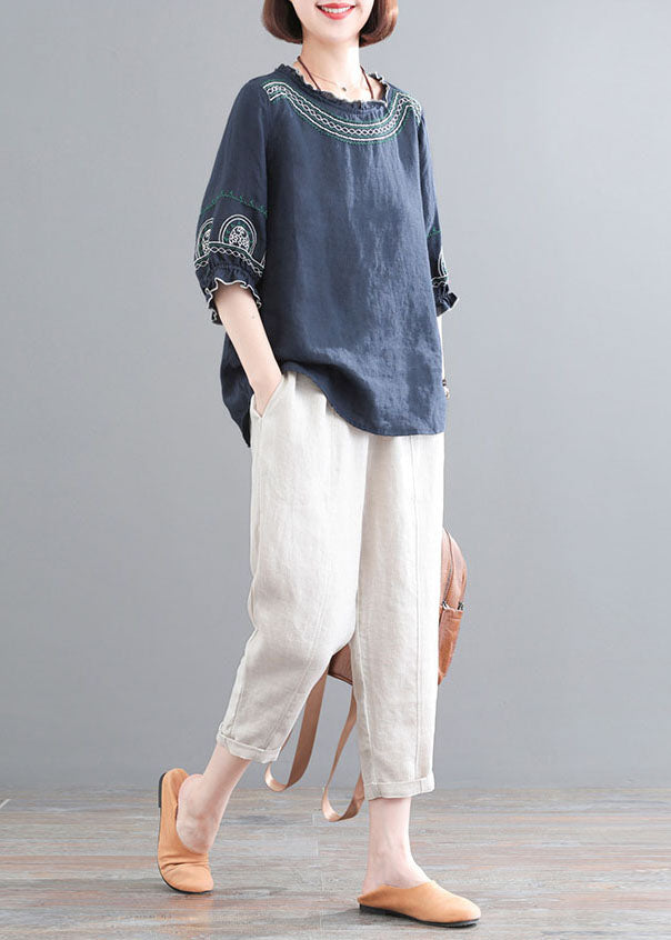 Navy Ruffled Embroideried Linen Tops and Crop Pants Two Piece Set Clothing Half Sleeve