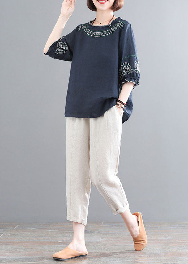 Navy Ruffled Embroidered Linen Tops and Crop Pants Two Piece Set Clothing Half Sleeve