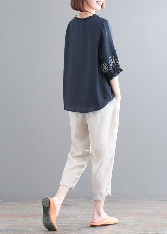 Navy Ruffled Embroideried Linen Tops and Crop Pants Two Piece Set Clothing Half Sleeve