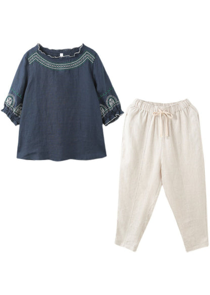 Navy Ruffled Embroidered Linen Tops and Crop Pants Two Piece Set Clothing Half Sleeve
