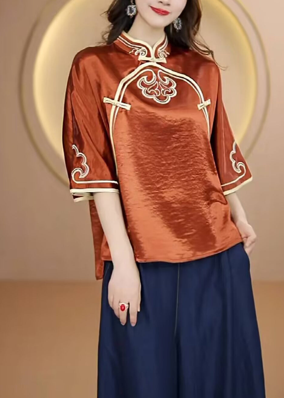 Navy Stand Collar Embroidered Silk Top Flare Sleeve