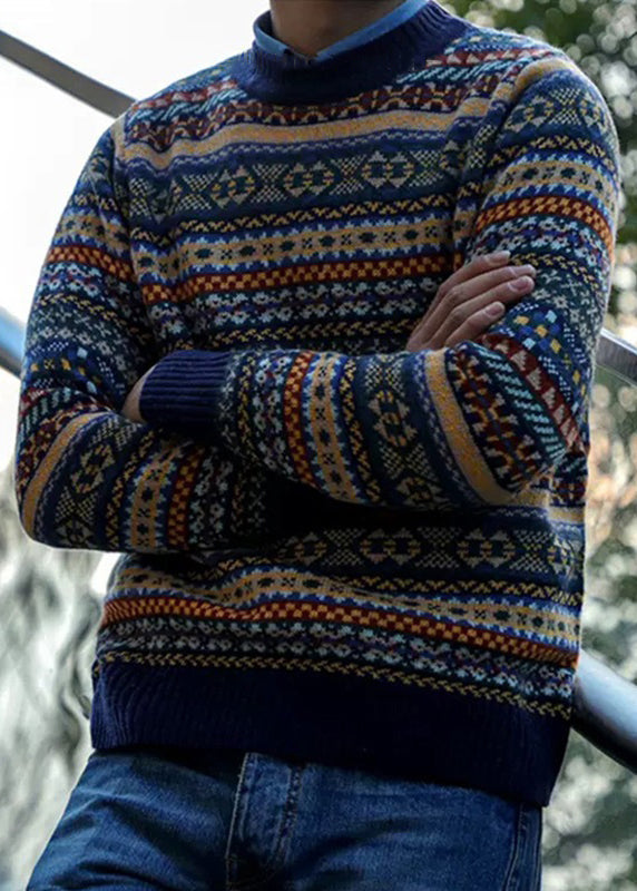 Navy Striped Cozy Patchwork Knit Sweater Winter