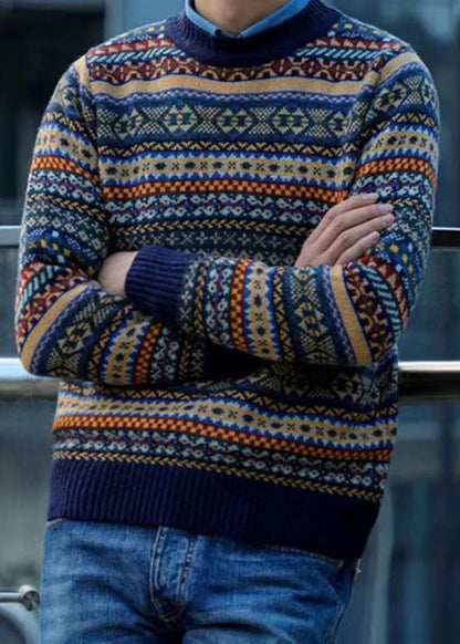 Navy Striped Cozy Patchwork Knit Sweater Winter