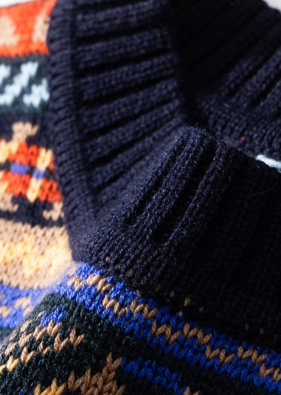 Navy Striped Cozy Patchwork Knit Sweater Winter