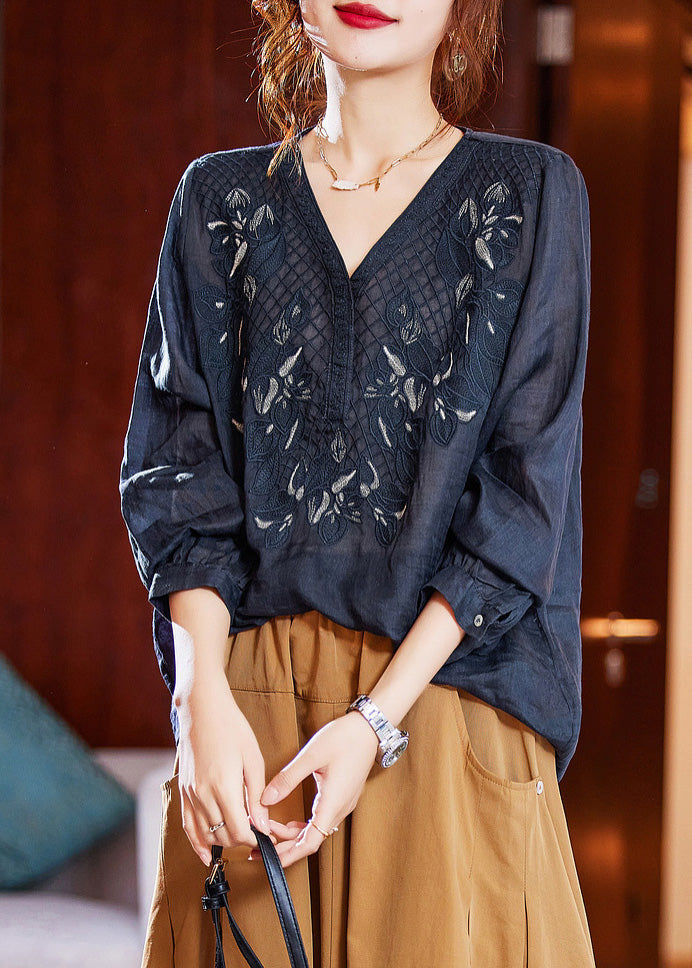 Navy V Neck Embroideried Linen Top Spring