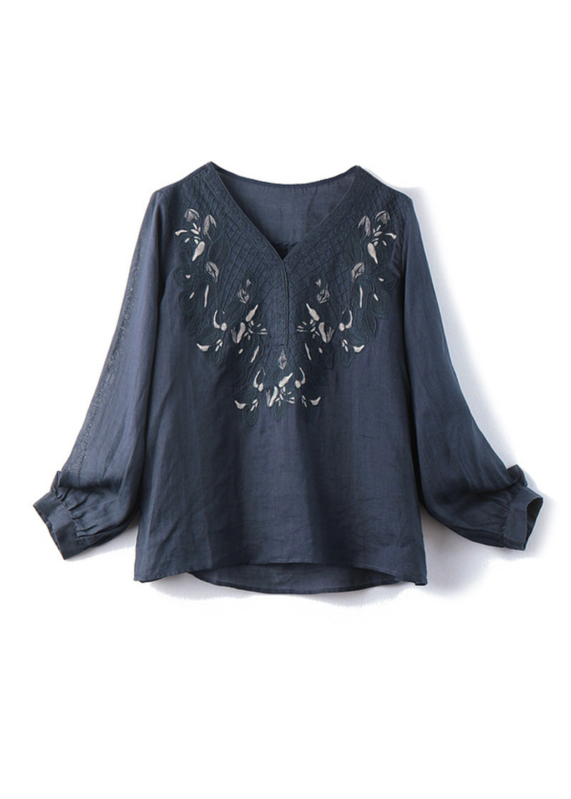 Navy V Neck Embroideried Linen Top Spring