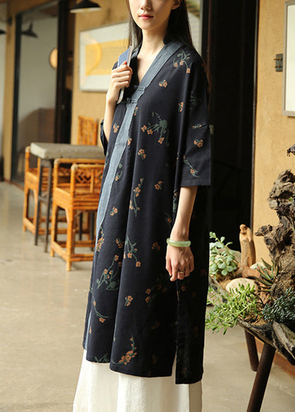 Navy V Neck Print Patchwork Cotton Dress Half Sleeve